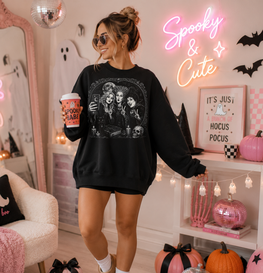 Vintage Witchy Sisters Halloween Sweatshirt – Oversized Black Spooky Season Crewneck