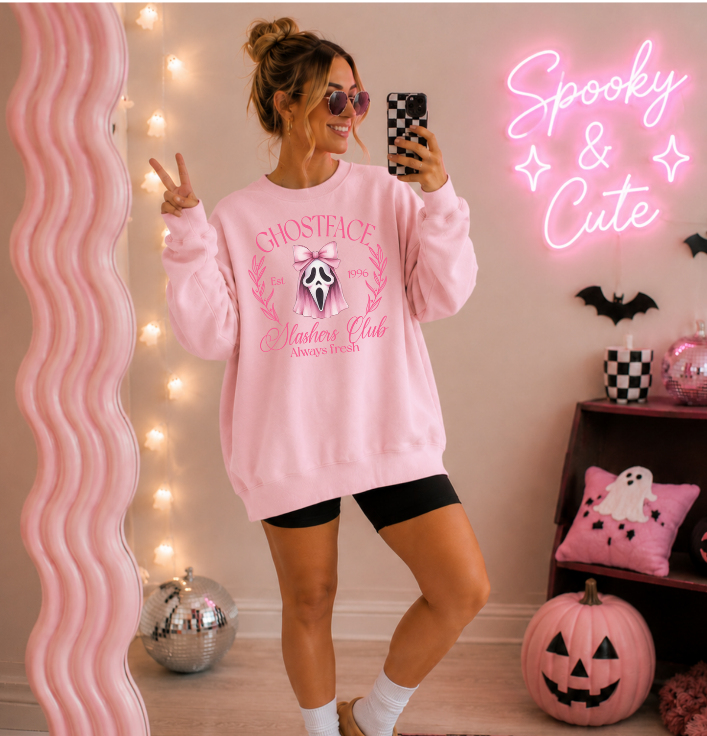 Pink Slasher Club Halloween Sweatshirt – Cute Ghost Horror White Crewneck