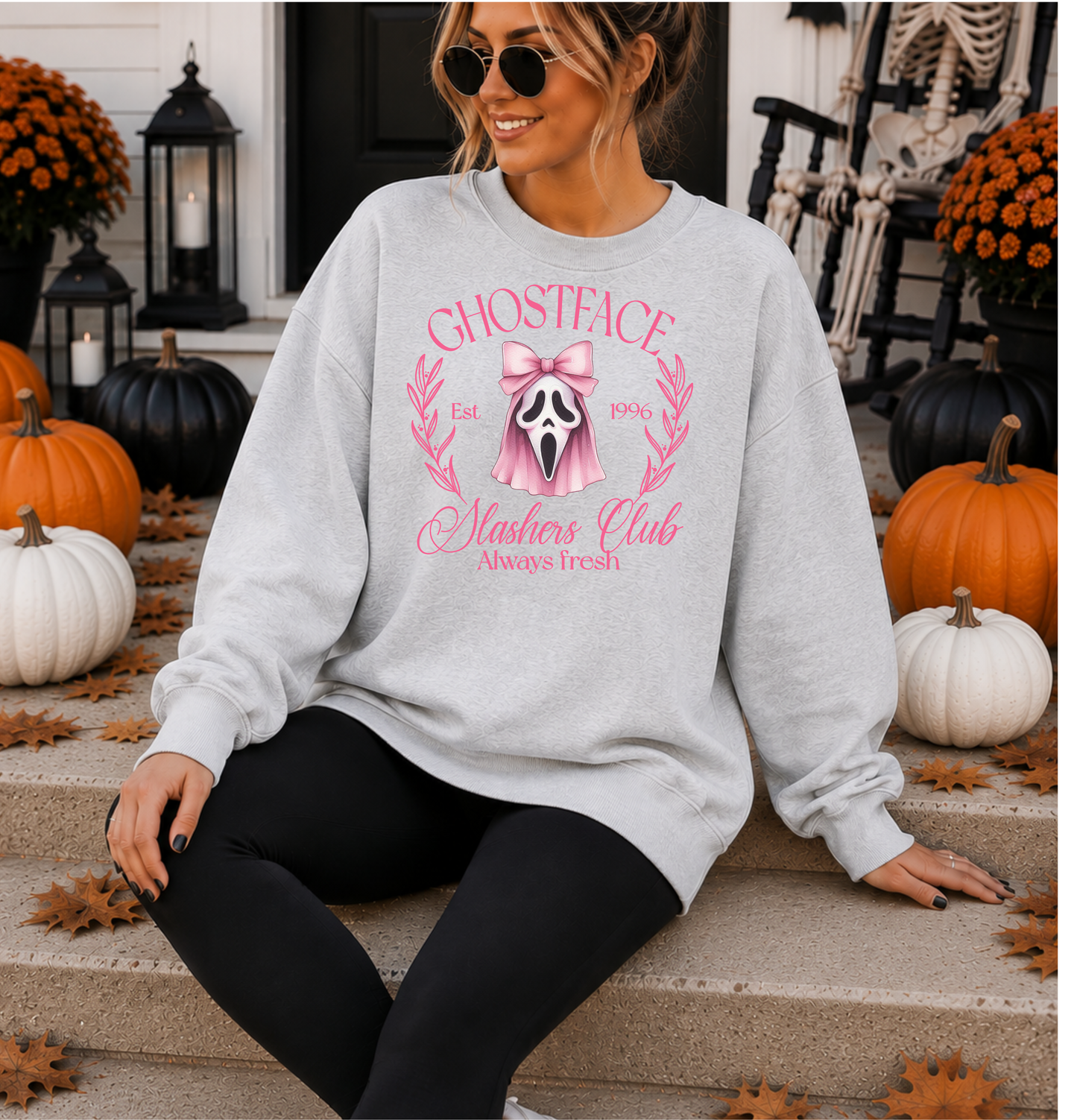 Pink Slasher Club Halloween Sweatshirt – Cute Ghost Horror White Crewneck