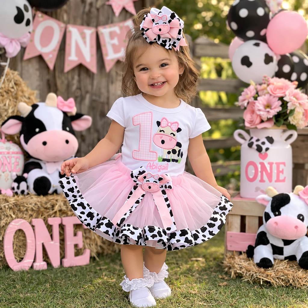Personalized Pink Cow Birthday Tutu Outfit – Custom Age 1–5