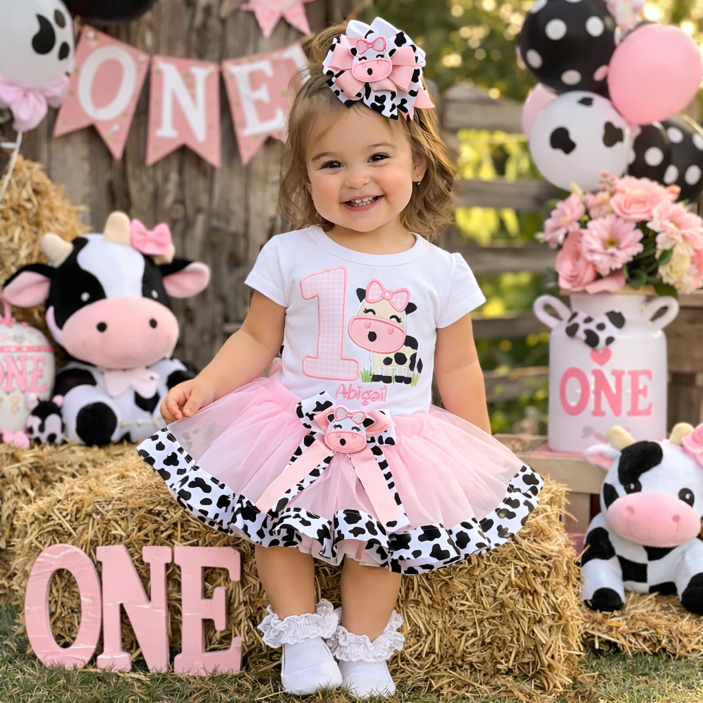 Personalized Pink Cow Birthday Tutu Outfit – Custom Age 1–5