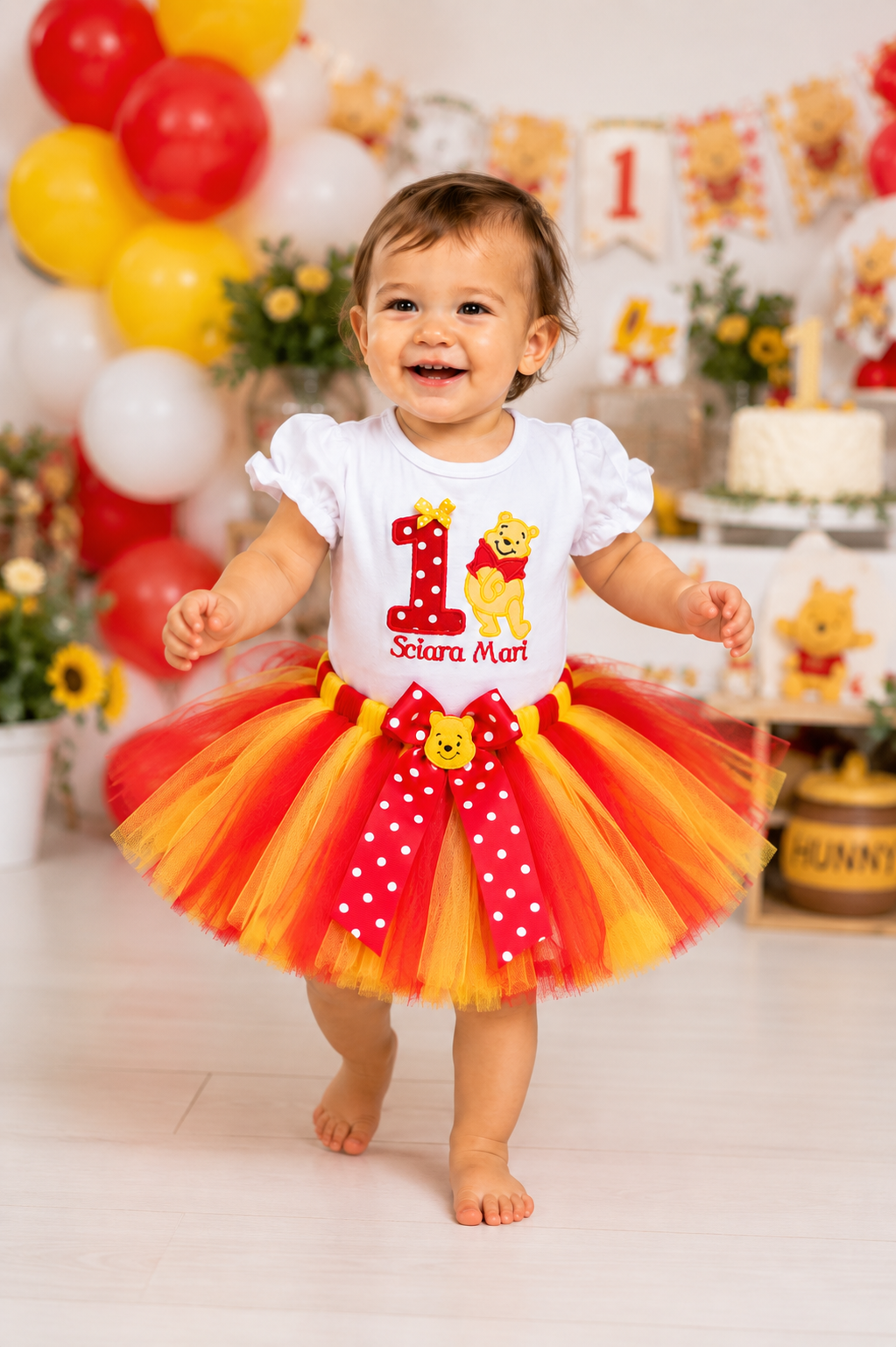 Personalized Pooh Bear First Birthday Tutu Outfit – Red & Yellow Birthday Set