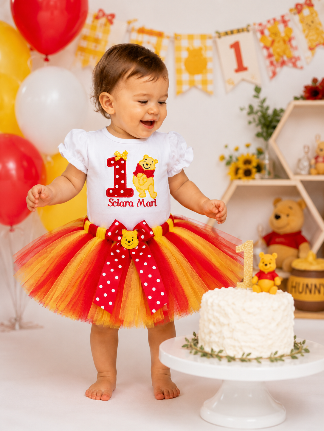 Personalized Pooh Bear First Birthday Tutu Outfit – Red & Yellow Birthday Set