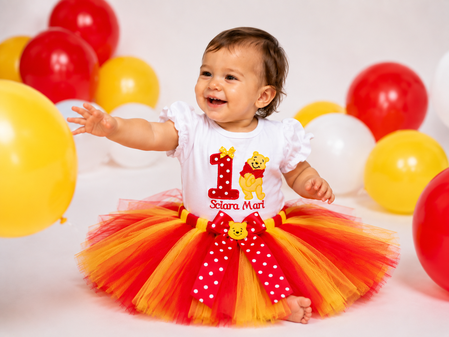 Personalized Pooh Bear First Birthday Tutu Outfit – Red & Yellow Birthday Set