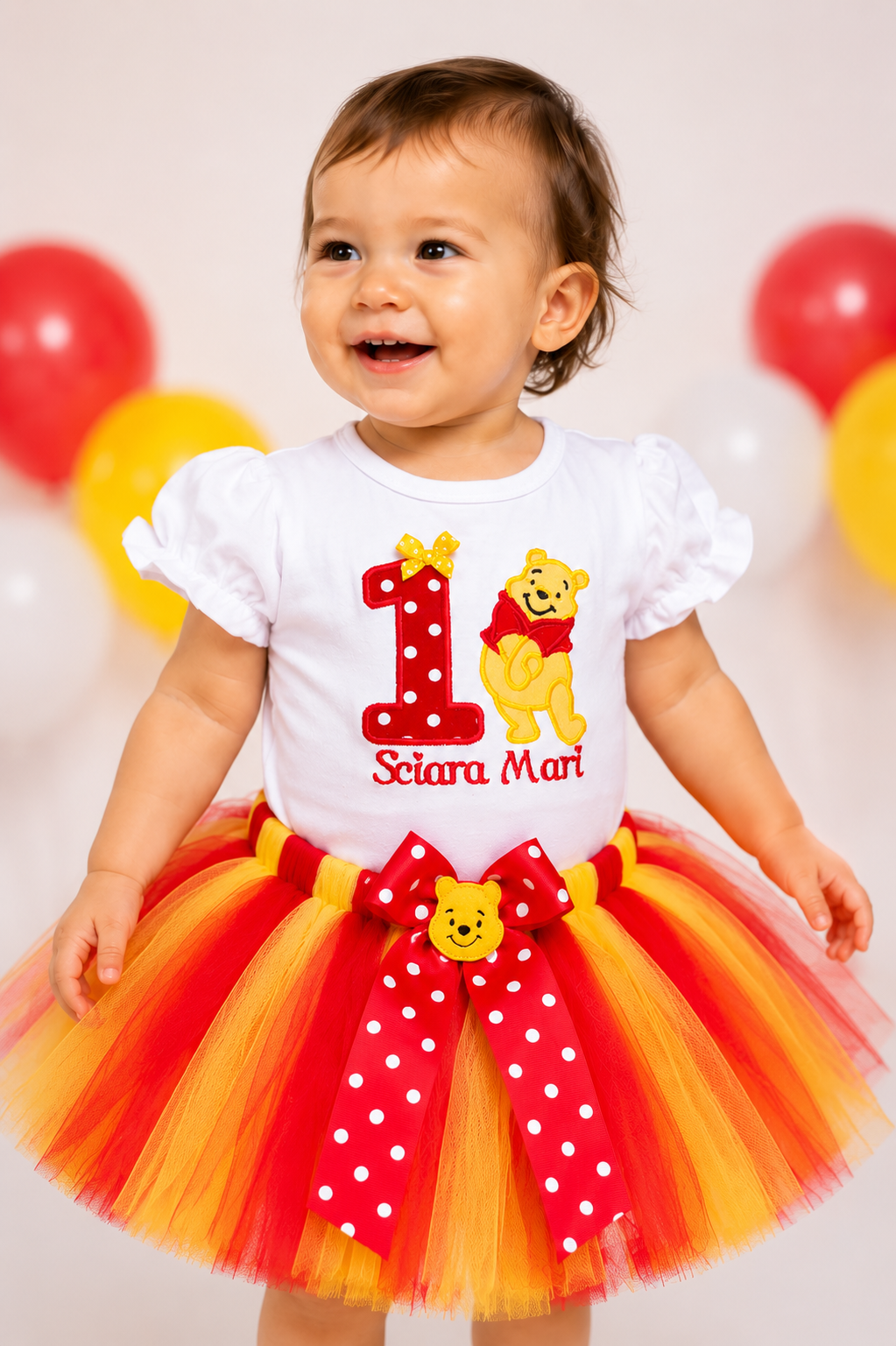 Personalized Pooh Bear First Birthday Tutu Outfit – Red & Yellow Birthday Set