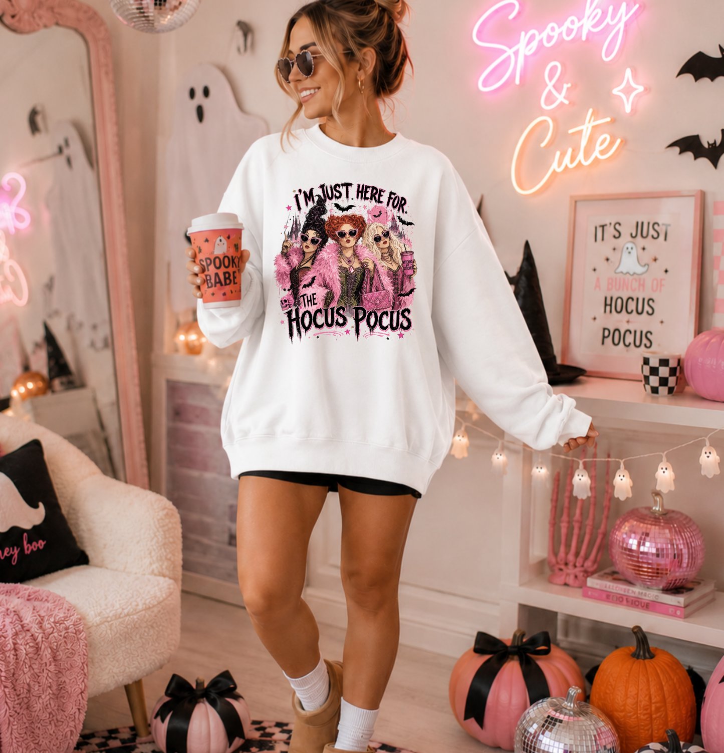 I’m Just Here for the Hocus Pocus Sweatshirt – Pink Halloween Witch Crewneck